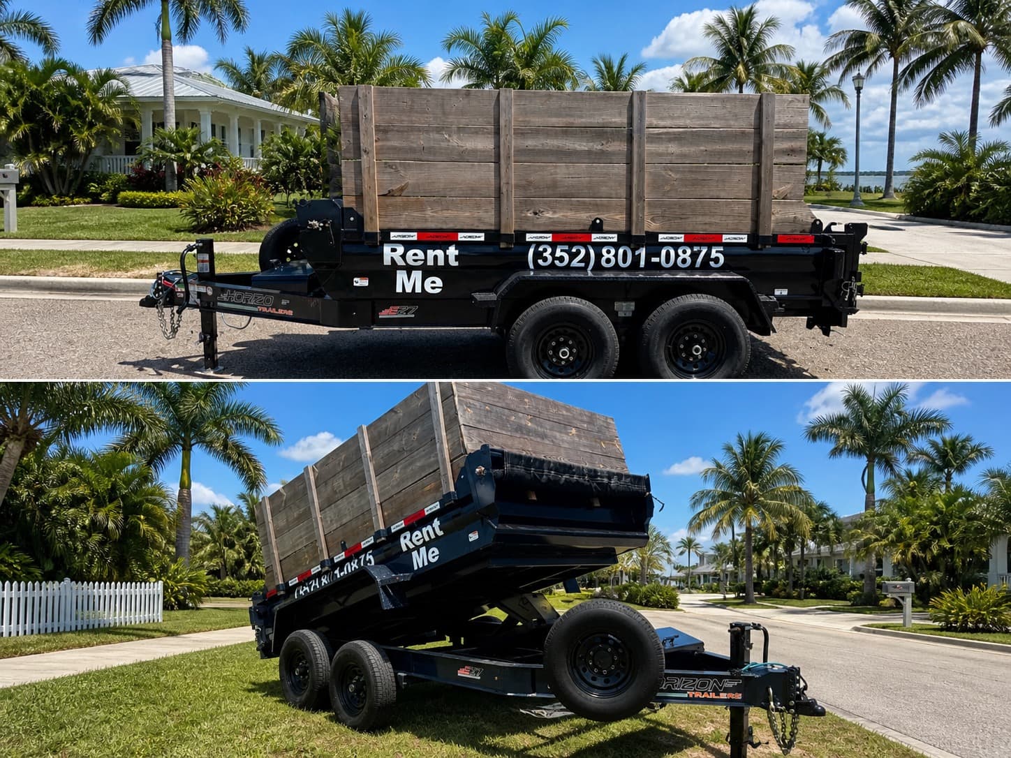 7×12 hydraulic dump trailer with wooden sideboard extensions, parked at a Florida residential property under palm trees — Rent Me · (352) 801-0875